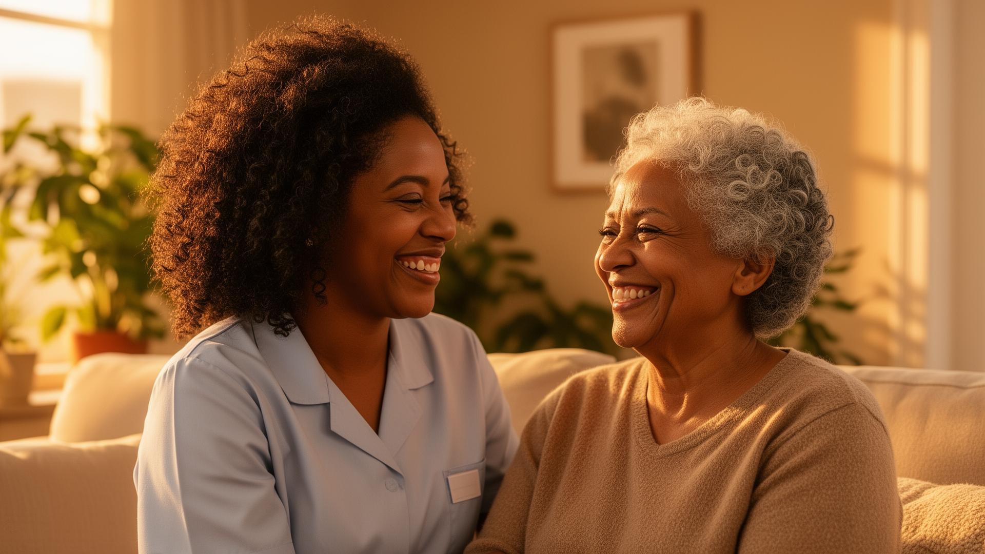 A loving caregiver smiling with an elderly woman in a warm sunlit living room